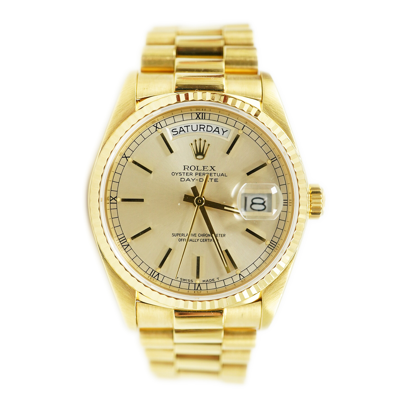 A gentleman's mid 1980's 18ct gold Rolex Oyster Perpetual Day-Date wrist watch, on an 18ct gold Rolex bracelet with deployment clasp